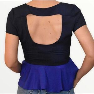 Rory Beca Forever 21 Blouse Size Large Blue Black Colorblock Peplum Open Back